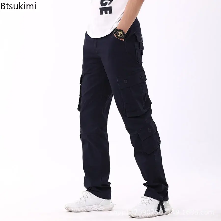 2025 Spring Autumn 100% Cotton Cargo Pants for Men Fashion Solid Multi Pocket Loose Overalls Pants Male Outdoor Casual Trousers