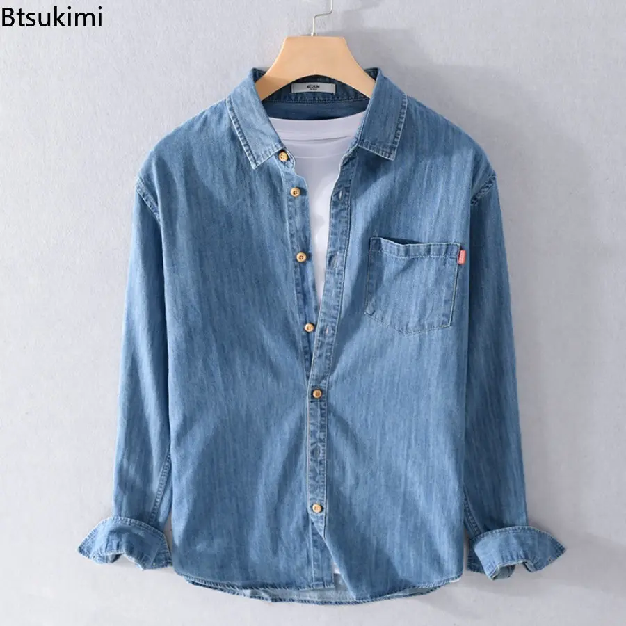 2025 Autumn New 100% Cotton Men's Denim Shirt Casual Male Solid Color Long-sleeved Shirts Fashion Slim Blouse Coat Versatile Top