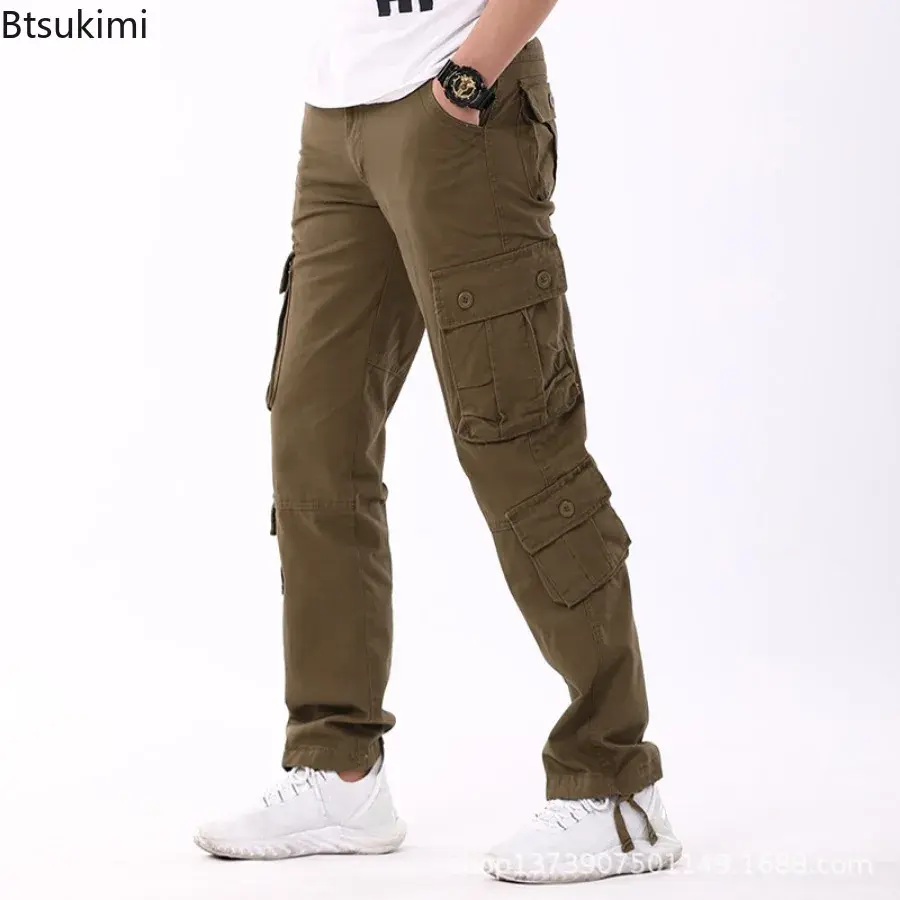 2025 Spring Autumn 100% Cotton Cargo Pants for Men Fashion Solid Multi Pocket Loose Overalls Pants Male Outdoor Casual Trousers