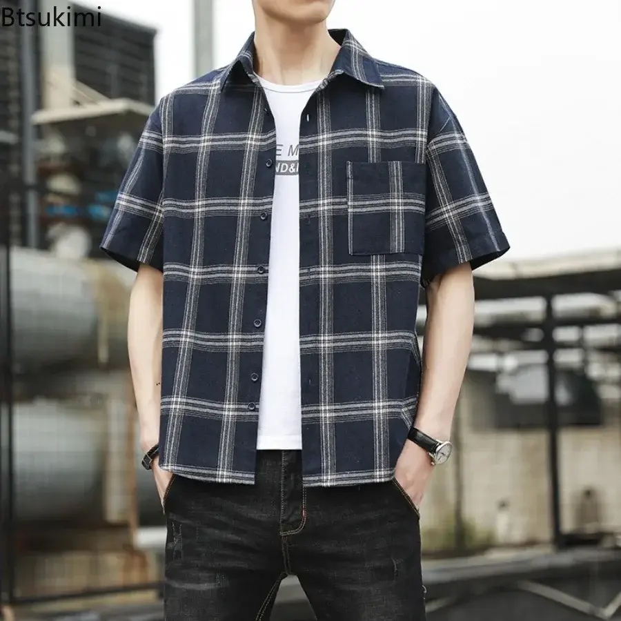 Summer Classic Plaid Print Shirts for Men Breathable Versatile Loose Casual Shirt Coats Men's Short-sleeved Blouse Oversized 5XL