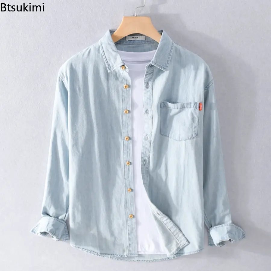 2025 Autumn New 100% Cotton Men's Denim Shirt Casual Male Solid Color Long-sleeved Shirts Fashion Slim Blouse Coat Versatile Top