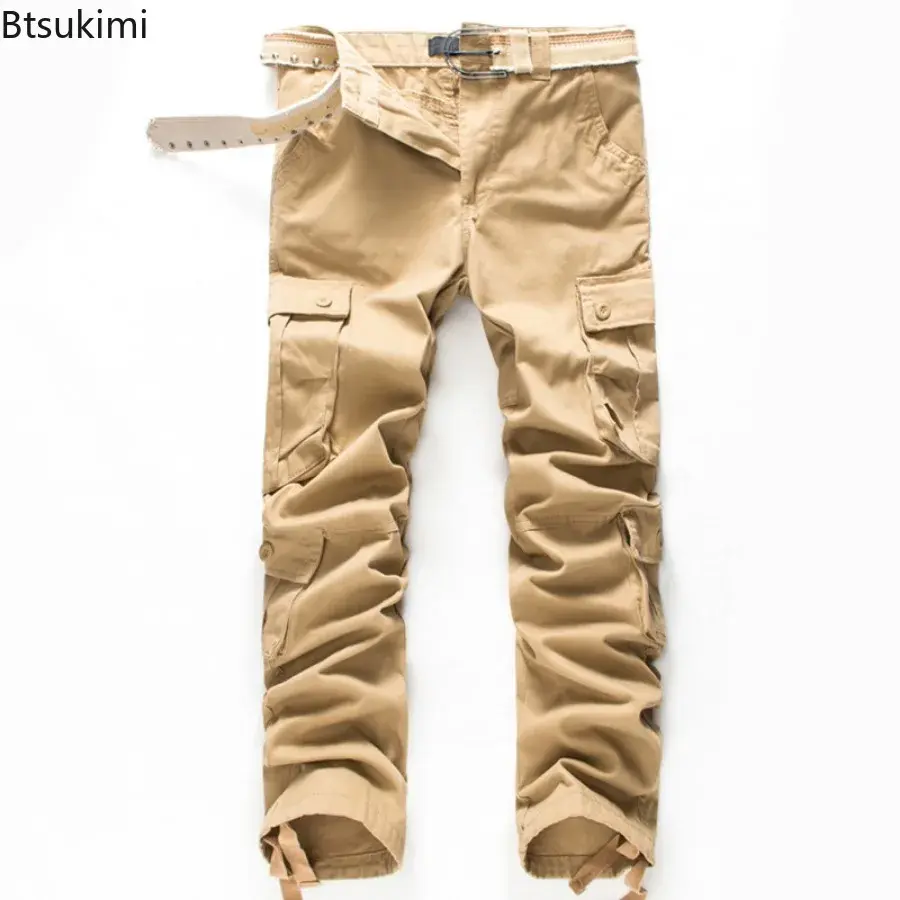 2025 Spring Autumn 100% Cotton Cargo Pants for Men Fashion Solid Multi Pocket Loose Overalls Pants Male Outdoor Casual Trousers