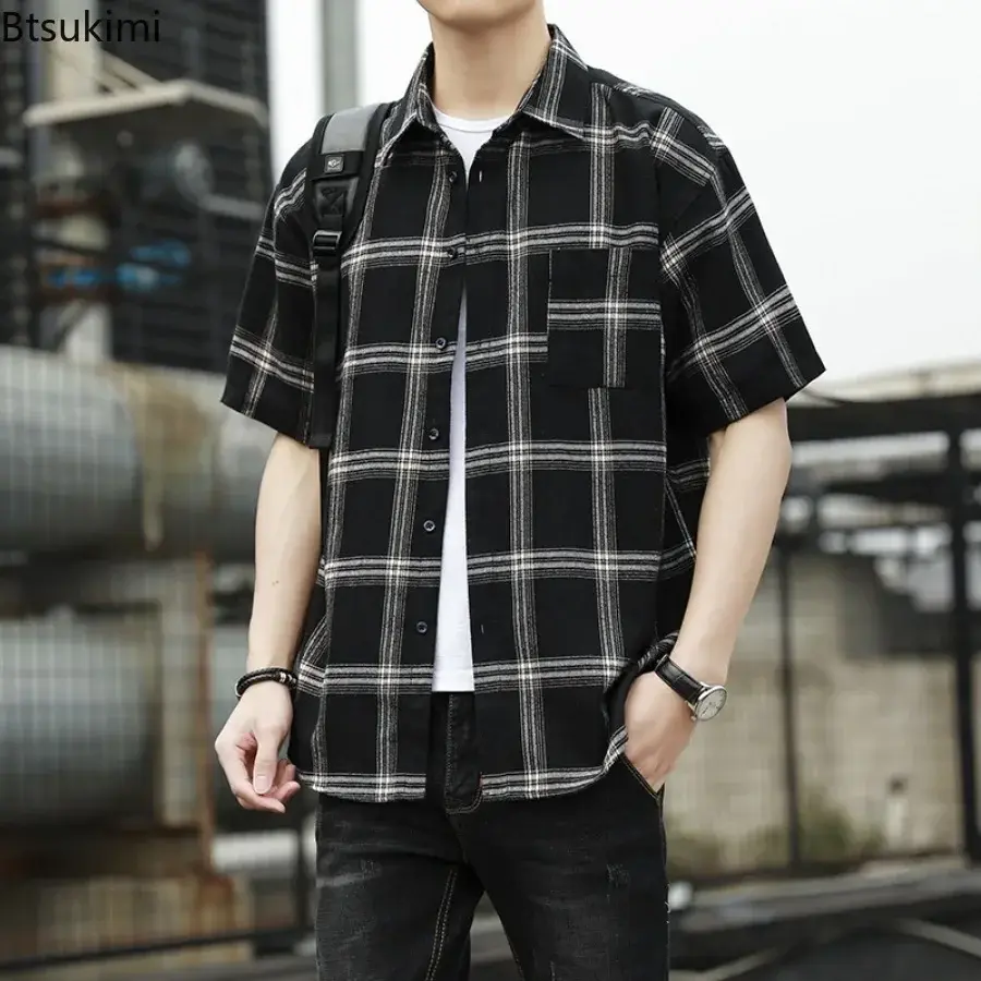 Summer Classic Plaid Print Shirts for Men Breathable Versatile Loose Casual Shirt Coats Men's Short-sleeved Blouse Oversized 5XL