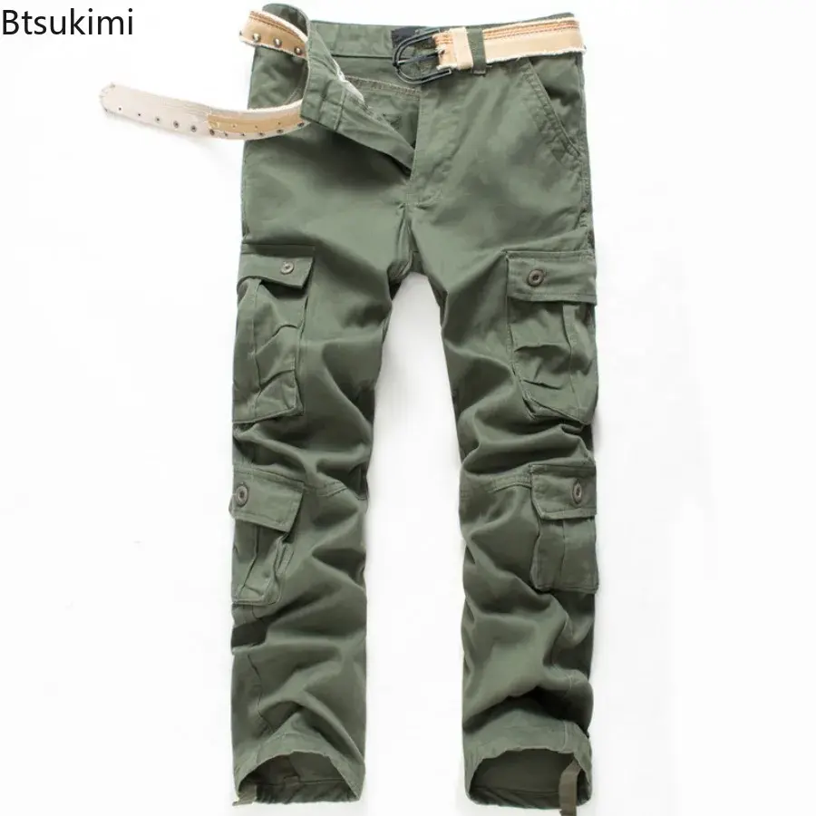 2025 Spring Autumn 100% Cotton Cargo Pants for Men Fashion Solid Multi Pocket Loose Overalls Pants Male Outdoor Casual Trousers