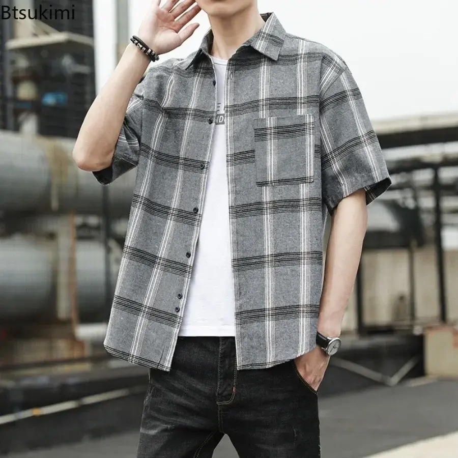 Summer Classic Plaid Print Shirts for Men Breathable Versatile Loose Casual Shirt Coats Men's Short-sleeved Blouse Oversized 5XL