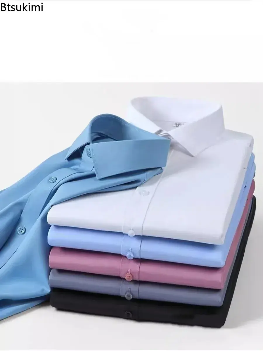 High-quality Men's Business Casual Dress Shirts 2025 Solid Slim Formal Clothing for Men Breathable Bamboo Fiber Easy Care Shirts