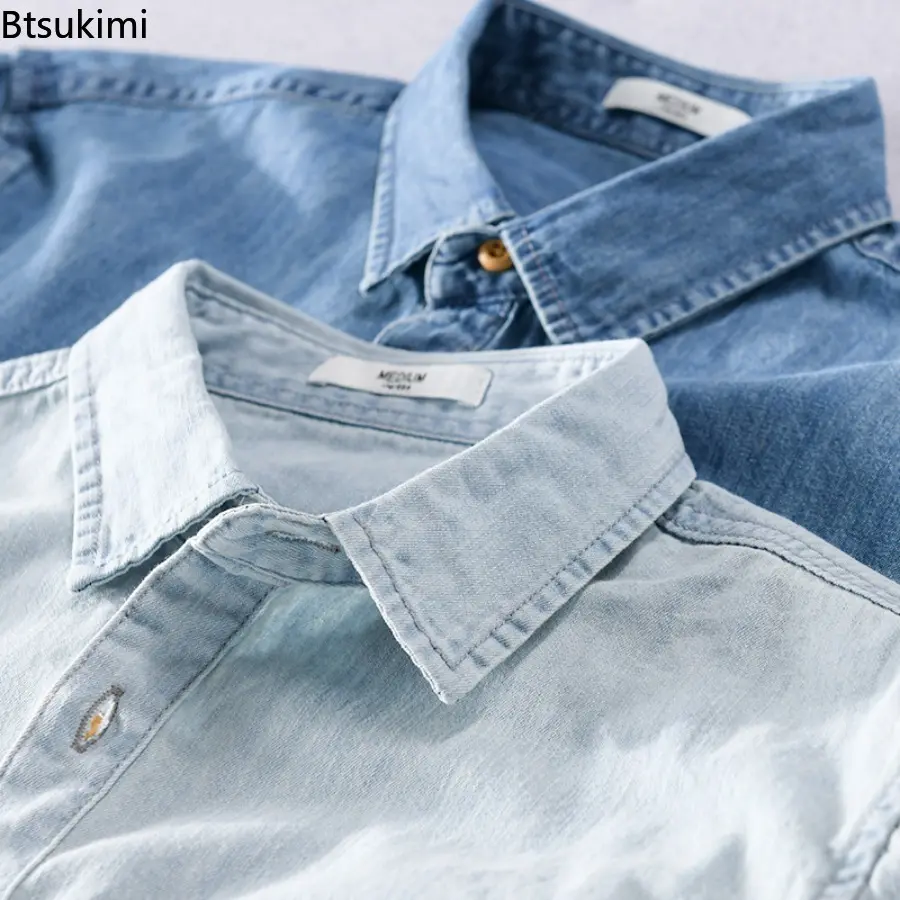 2025 Autumn New 100% Cotton Men's Denim Shirt Casual Male Solid Color Long-sleeved Shirts Fashion Slim Blouse Coat Versatile Top