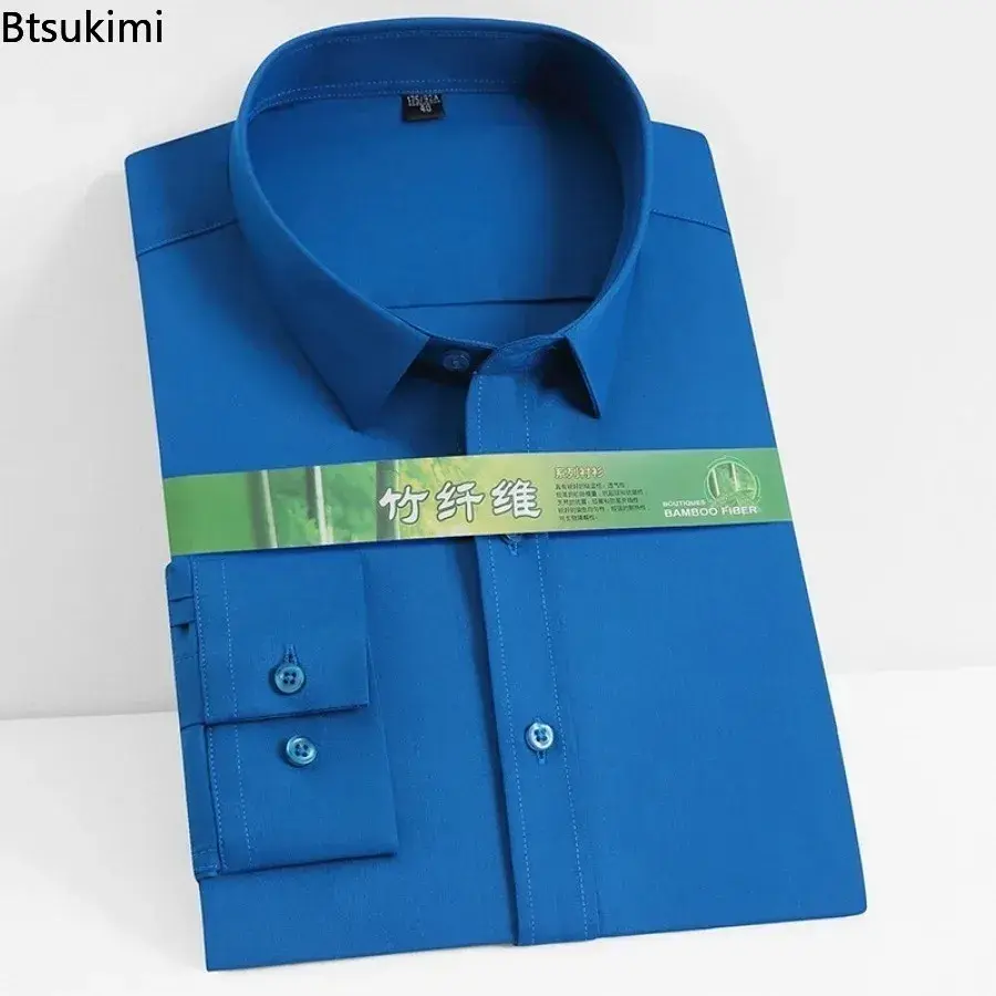 High-quality Men's Business Casual Dress Shirts 2025 Solid Slim Formal Clothing for Men Breathable Bamboo Fiber Easy Care Shirts