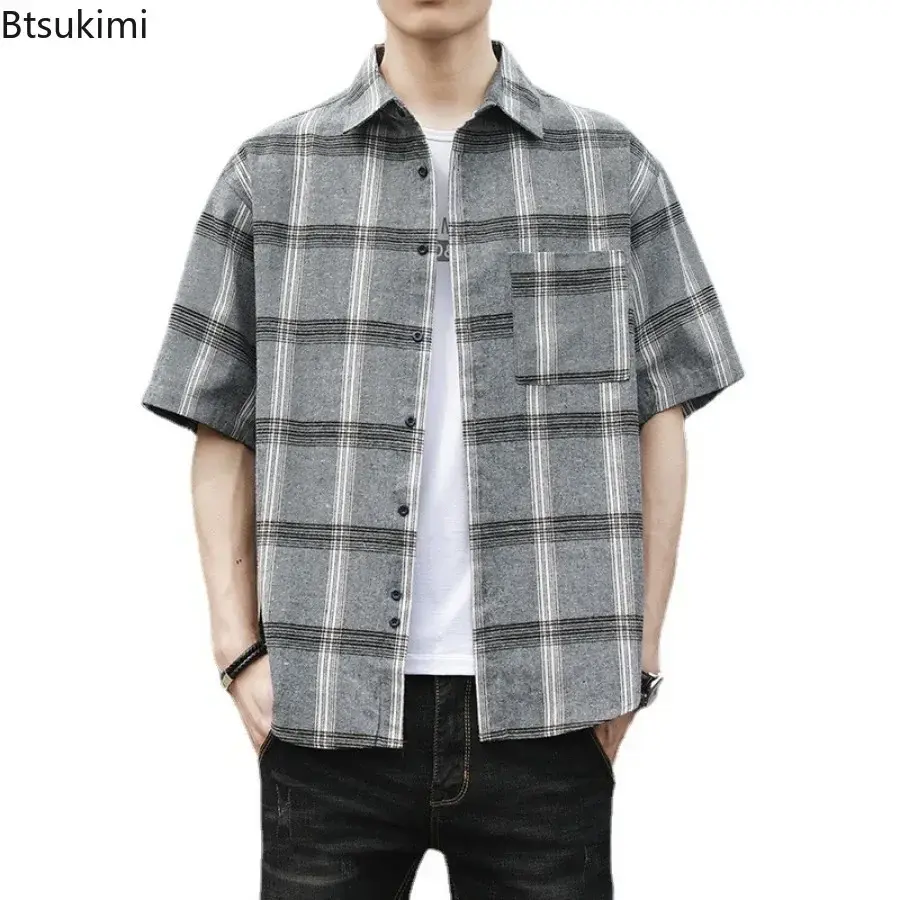 Summer Classic Plaid Print Shirts for Men Breathable Versatile Loose Casual Shirt Coats Men's Short-sleeved Blouse Oversized 5XL