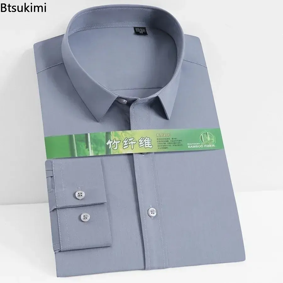 High-quality Men's Business Casual Dress Shirts 2025 Solid Slim Formal Clothing for Men Breathable Bamboo Fiber Easy Care Shirts