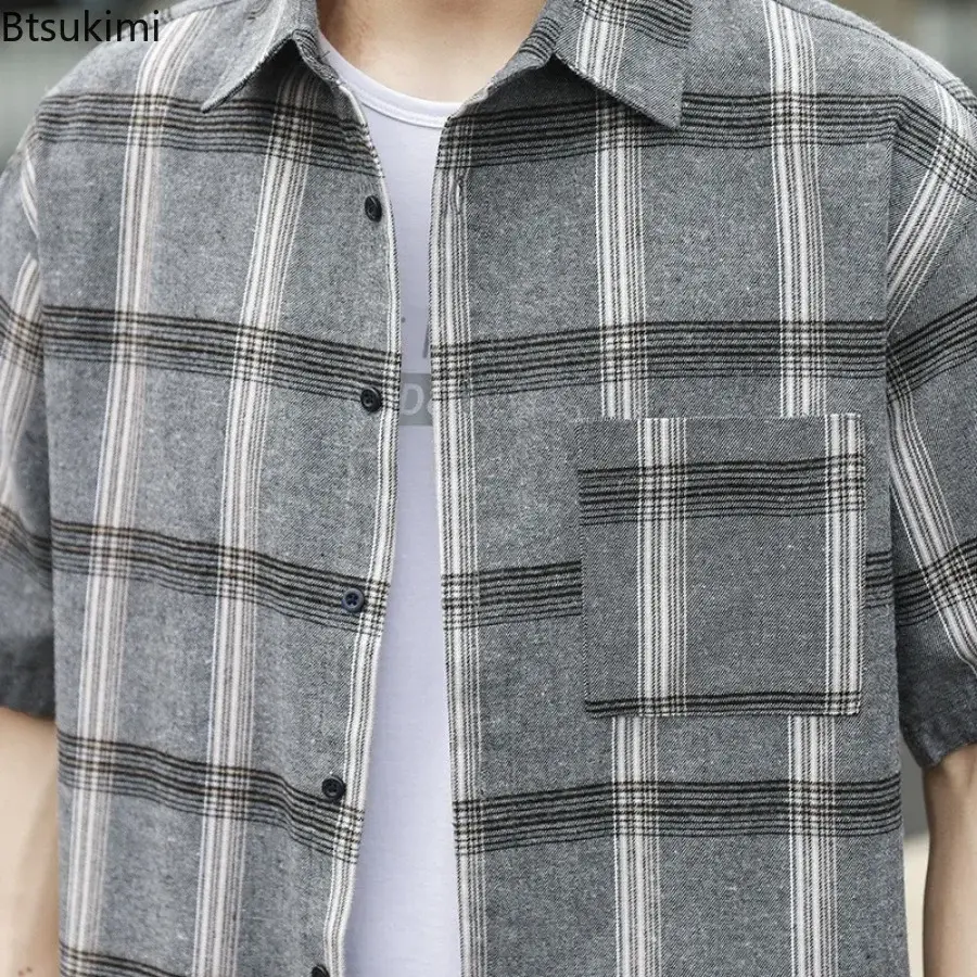 Summer Classic Plaid Print Shirts for Men Breathable Versatile Loose Casual Shirt Coats Men's Short-sleeved Blouse Oversized 5XL