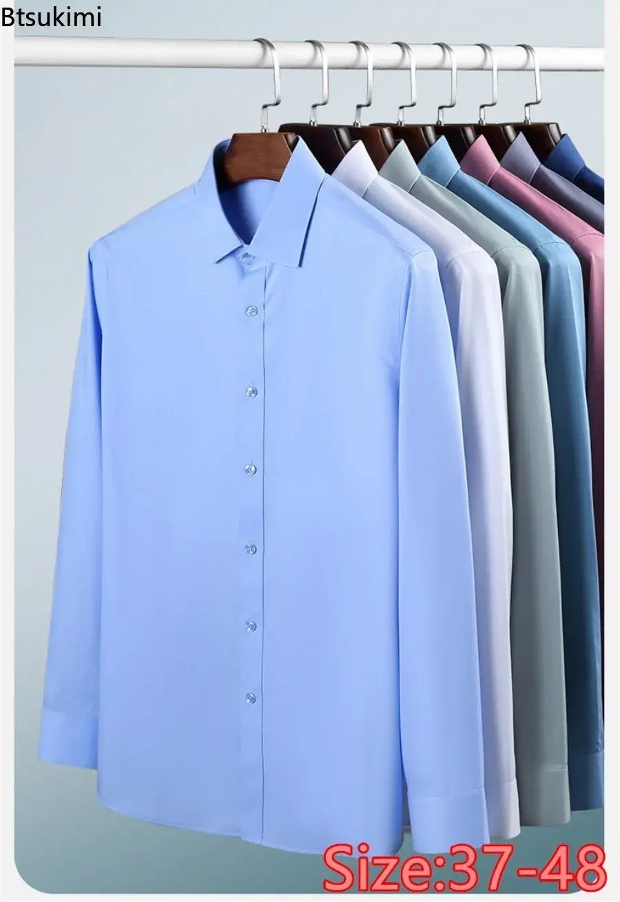 High-quality Men's Business Casual Dress Shirts 2025 Solid Slim Formal Clothing for Men Breathable Bamboo Fiber Easy Care Shirts