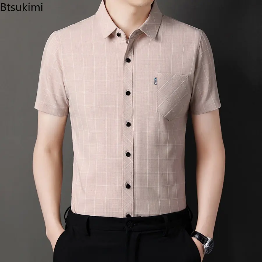 Fashion New Men's Plaid Print Cotton Linen Shirts Summer Short Sleeve Business Casual Blouse Men Breathable All Match Laple Tops
