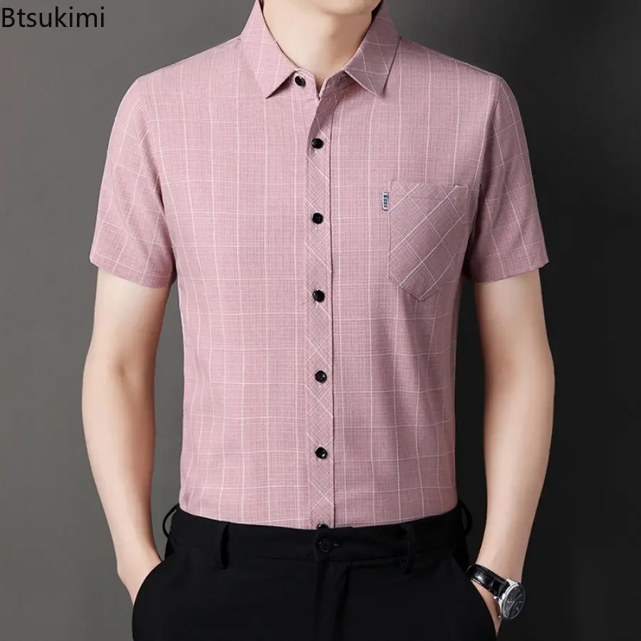 Fashion New Men's Plaid Print Cotton Linen Shirts Summer Short Sleeve Business Casual Blouse Men Breathable All Match Laple Tops