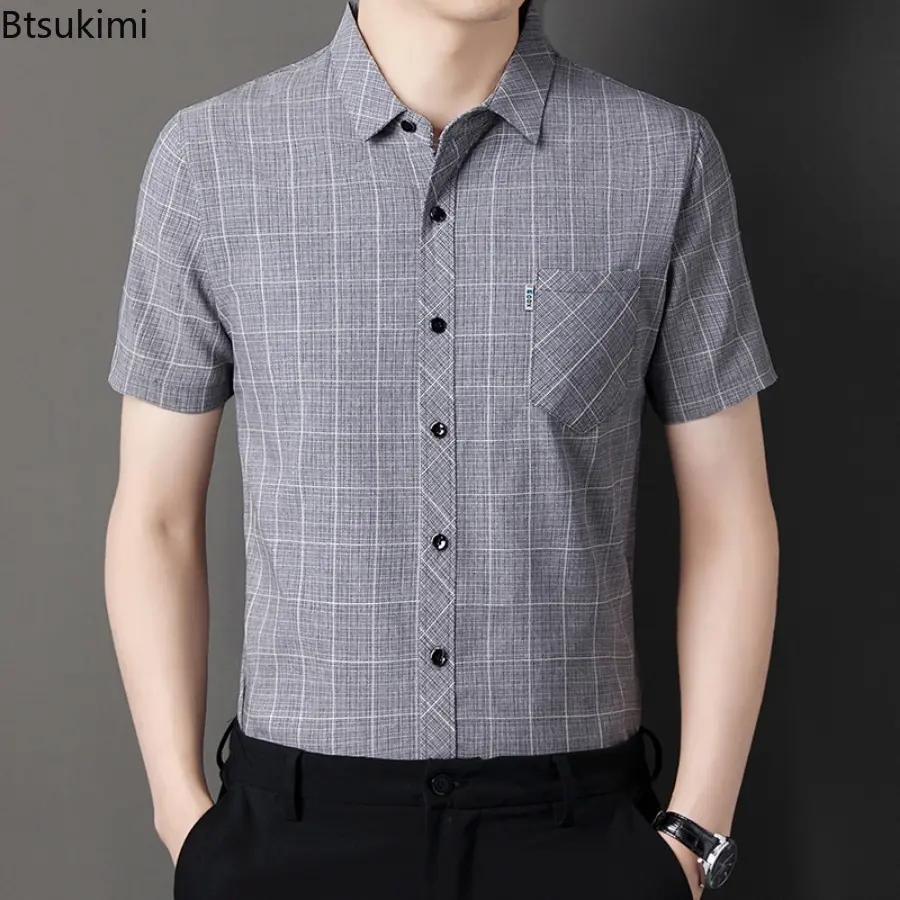 Fashion New Men's Plaid Print Cotton Linen Shirts Summer Short Sleeve Business Casual Blouse Men Breathable All Match Laple Tops