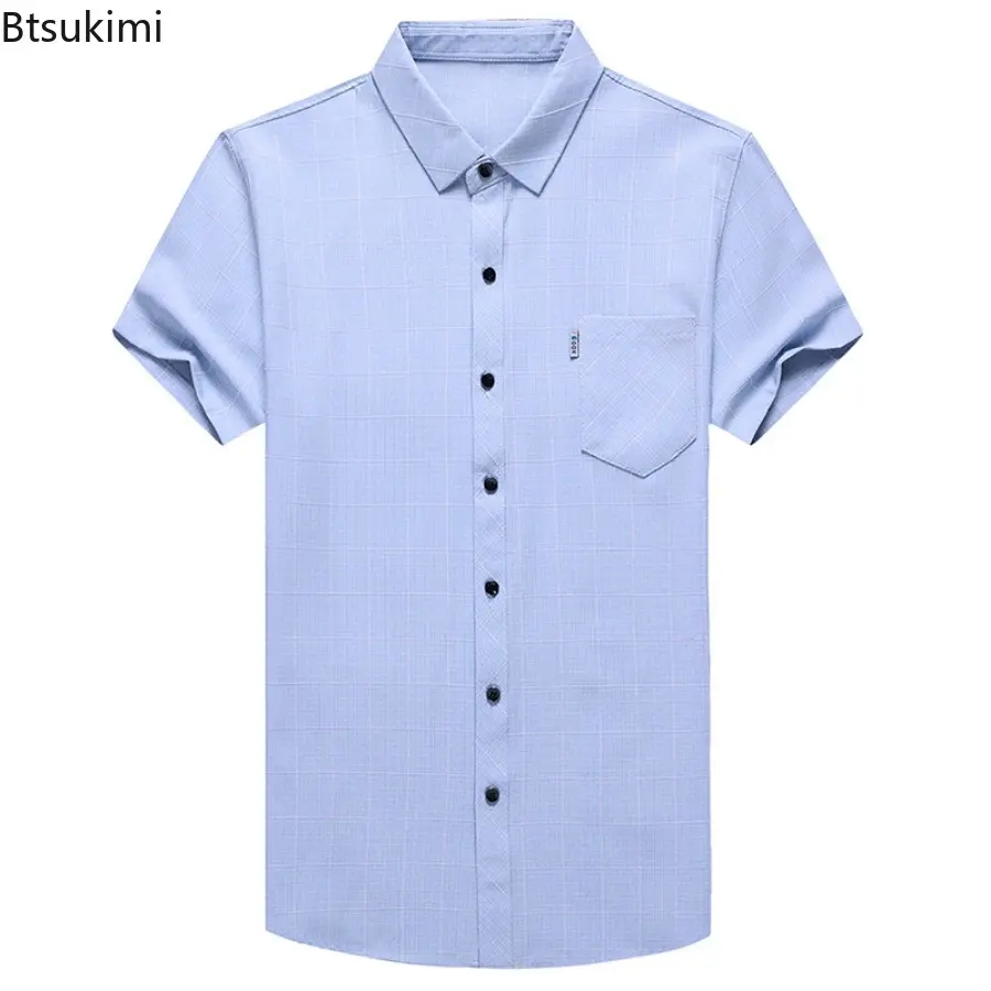 Fashion New Men's Plaid Print Cotton Linen Shirts Summer Short Sleeve Business Casual Blouse Men Breathable All Match Laple Tops