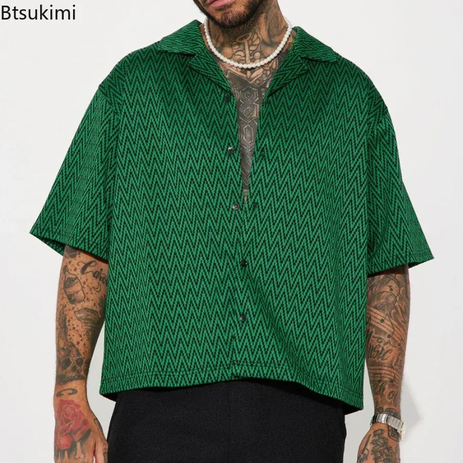 New 2025 Men's Summer Loose Casual Striped Printed Shirts Trend Vintage Streetwear Fashion Lapel Short Sleeve Cardigan Tops Male