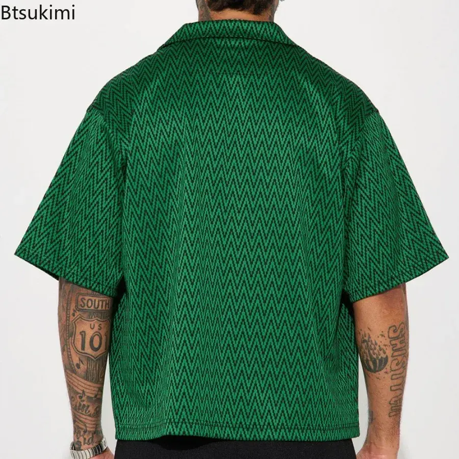 New 2025 Men's Summer Loose Casual Striped Printed Shirts Trend Vintage Streetwear Fashion Lapel Short Sleeve Cardigan Tops Male