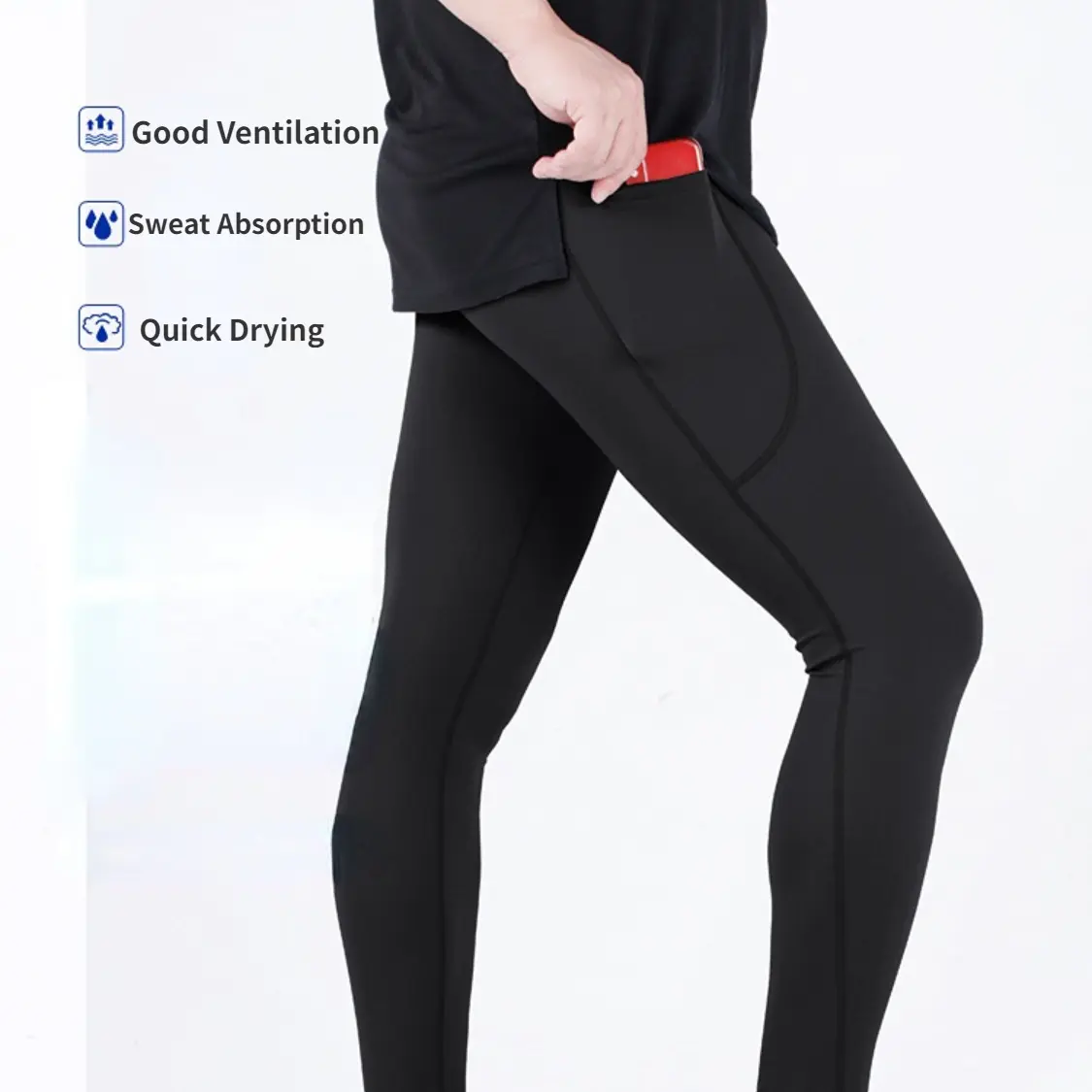 Compression Leggings Sports Tights Pocket High Waist Fitness Pants Men's Breathable High Elastic Nude Feeling Seamless Pants