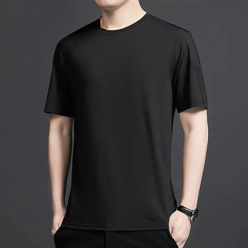 Men Short Sleeved T-shirt Ice Silk Quick Drying Summer Top High Elastic Solid Loose Size Sports T-shirt Gym Basketball Jersey