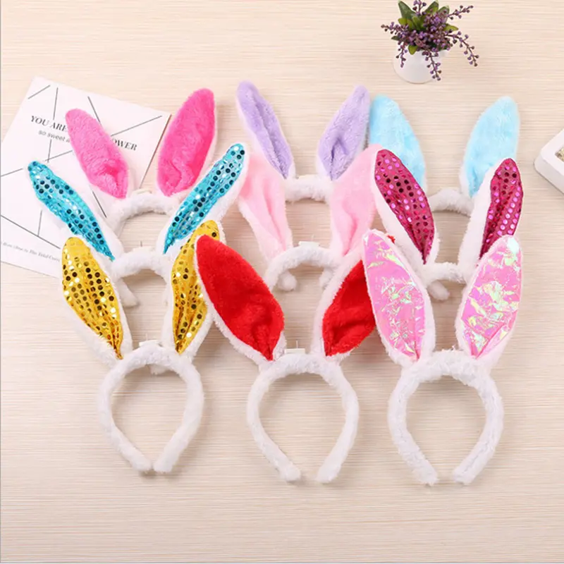 Christmas Gift Plush Rabbit Ears Hair Hoop Multicolor Sequins Hairband for Women Girls Children's Day Stage Performance Headband