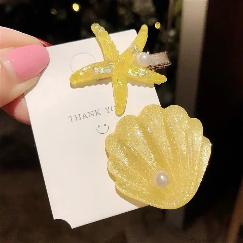 2pcs Children Five-Pointed Star Hairpin Summer Beach Dream Princess Hairclip for Women Girls Makeup Washing Face Pearl Hairgrip