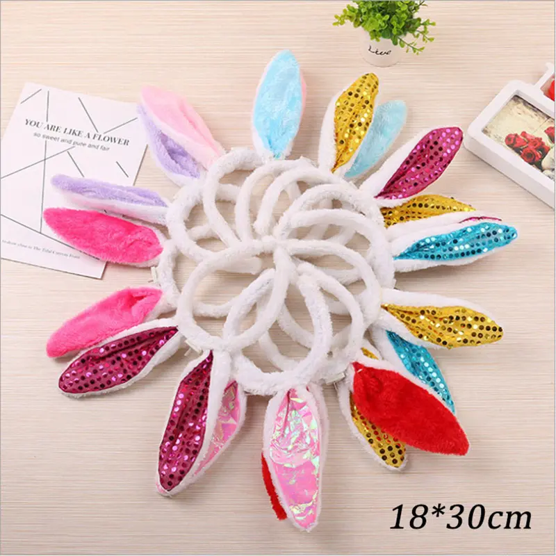 Christmas Gift Plush Rabbit Ears Hair Hoop Multicolor Sequins Hairband for Women Girls Children's Day Stage Performance Headband
