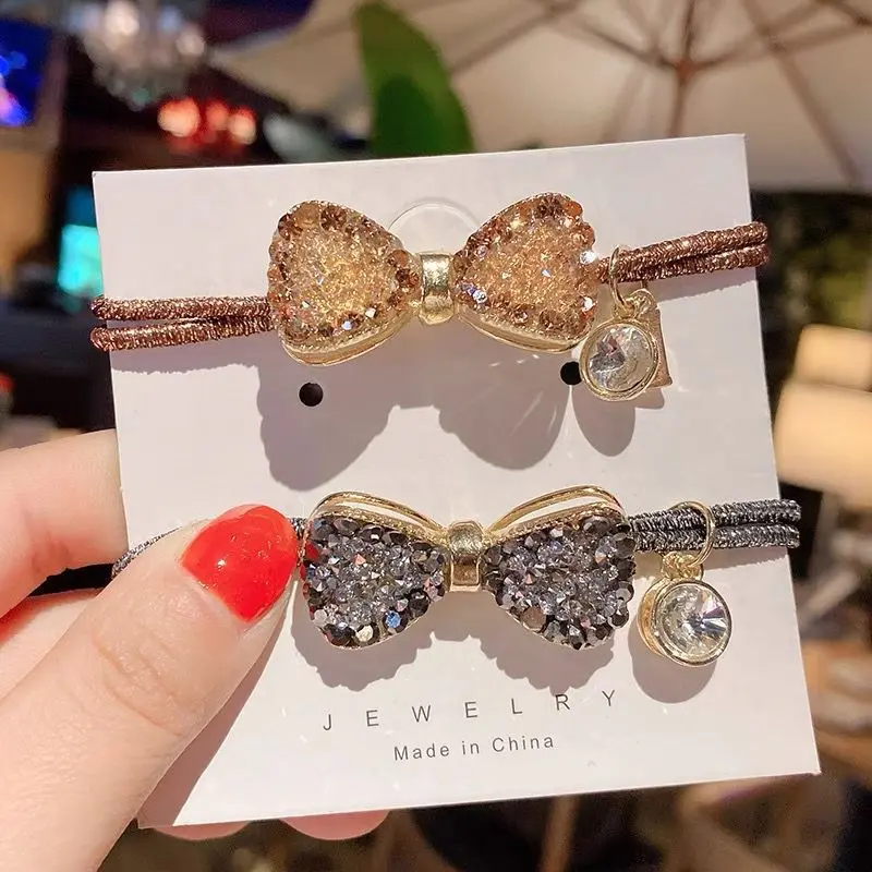 Fashion Pearl Crystal Hair Rope Luxury Rhinestone Bowknot Elastic Hair Band for Women Girls High Ponytail Headband Accessories