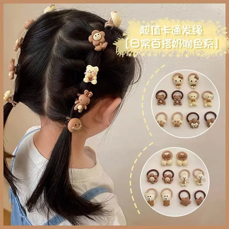 10pcs Children Cute Cartoon Animal Rabbit Hairbands Baby Flower Bowknot Rubber Bands Small Headrope Girls No Damage Hair Rope