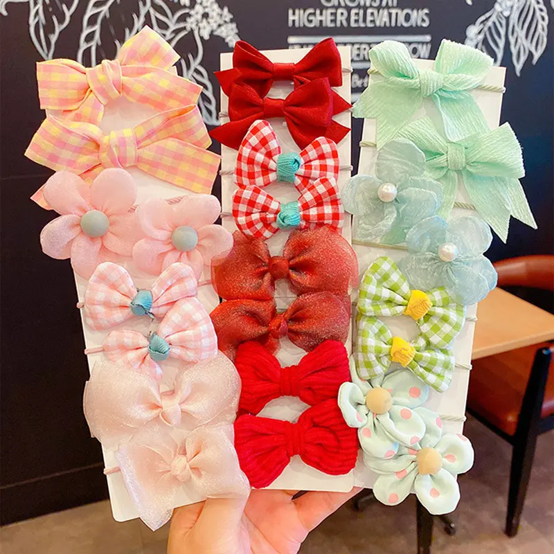 10pcs/Set Children Bowknot Flower Hair Rope Candy Color Bow Hairbands for Women Girls Ponytail Rubber Bands Scrunchies Xmas Gift