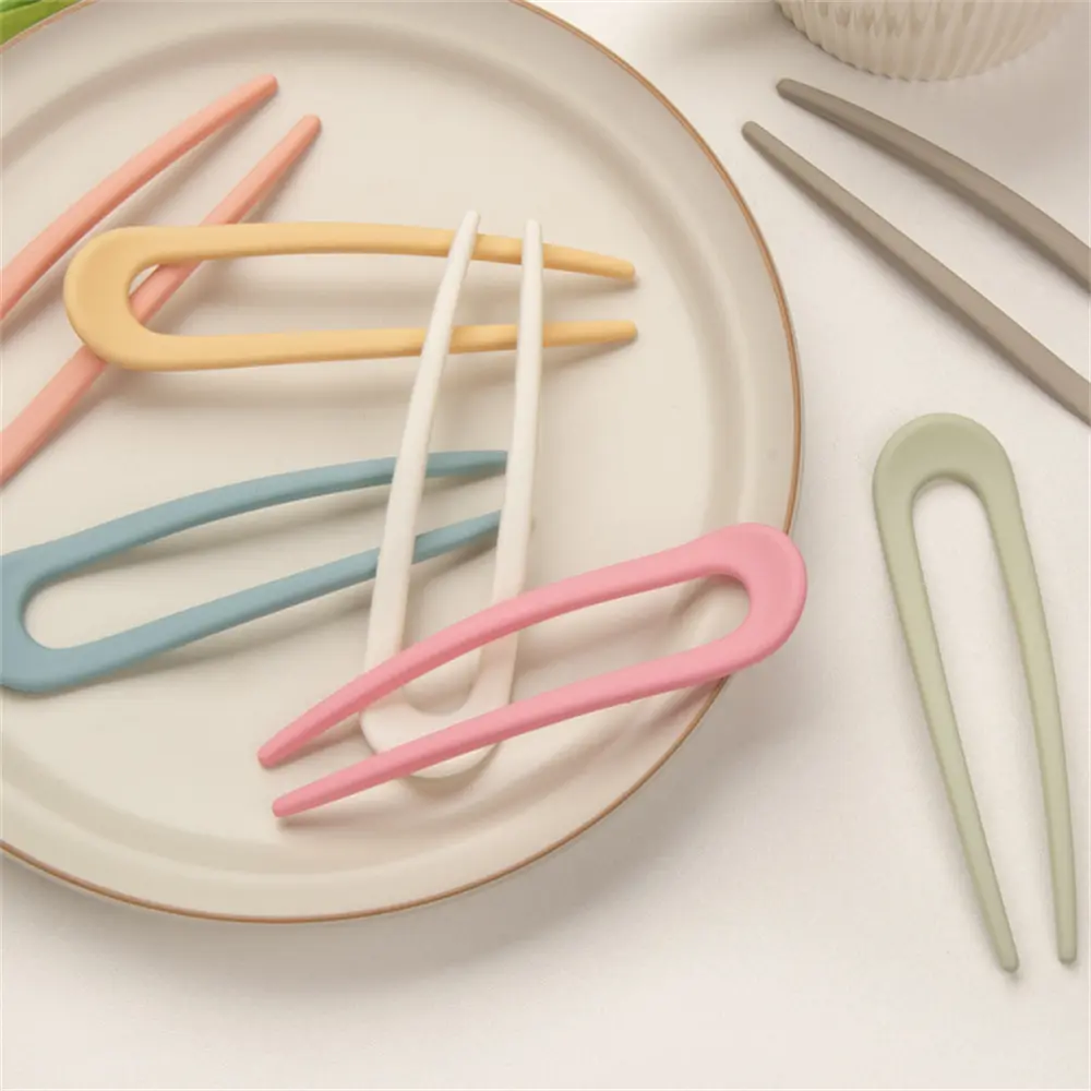 Fashion Solid Color U-Shaped Frosted Hair Clip Simple Elegant Plastic Hairpin Women Girls High Ponytail Bun Hair Sticks Headwear