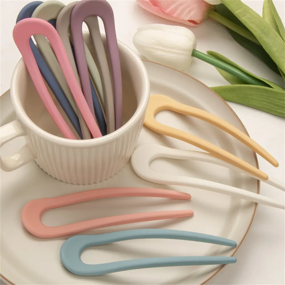 Fashion Solid Color U-Shaped Frosted Hair Clip Simple Elegant Plastic Hairpin Women Girls High Ponytail Bun Hair Sticks Headwear