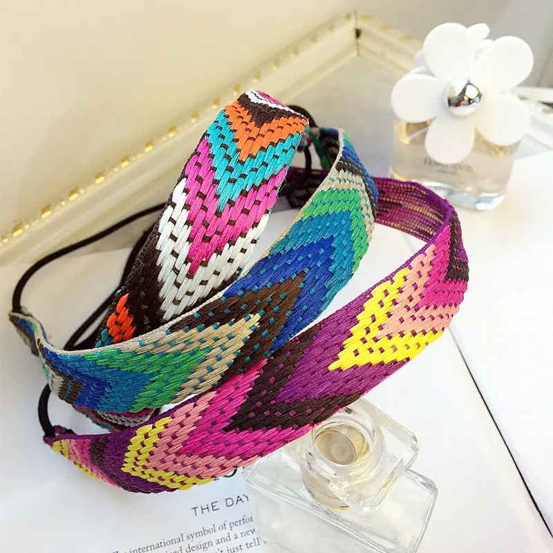 Men Fashion Bohemian Colorful Braided Hairband Retro Geometric Triangle Headband for Women Girls Elastic Hair Hoop Headwear Gift