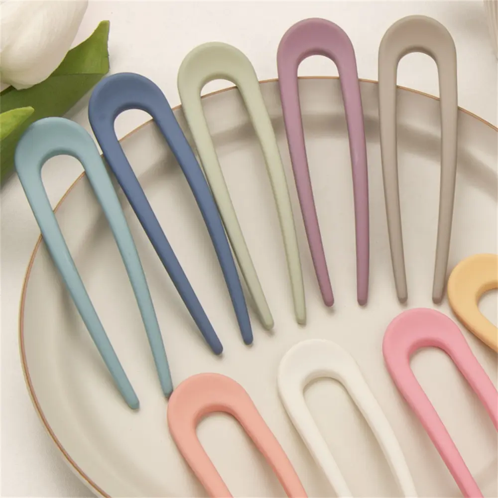 Fashion Solid Color U-Shaped Frosted Hair Clip Simple Elegant Plastic Hairpin Women Girls High Ponytail Bun Hair Sticks Headwear