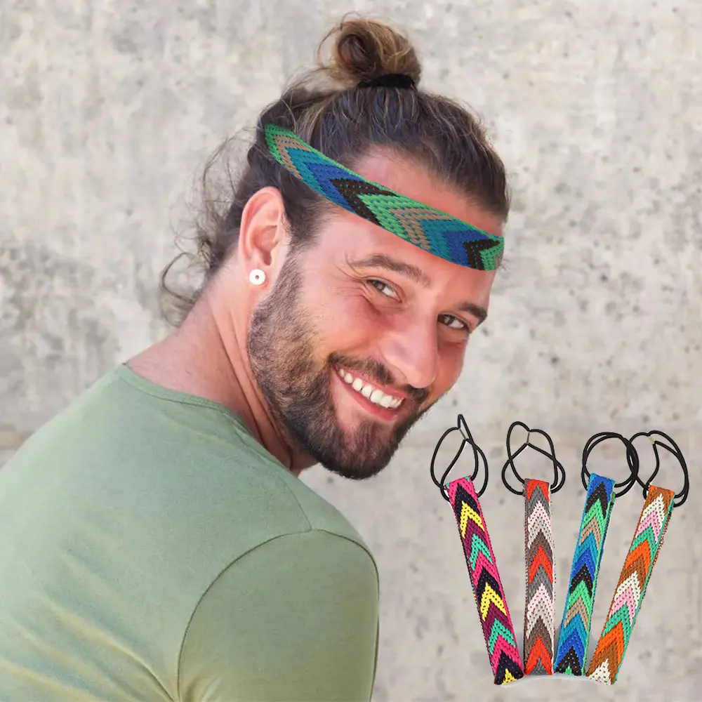 Men Fashion Bohemian Colorful Braided Hairband Retro Geometric Triangle Headband for Women Girls Elastic Hair Hoop Headwear Gift