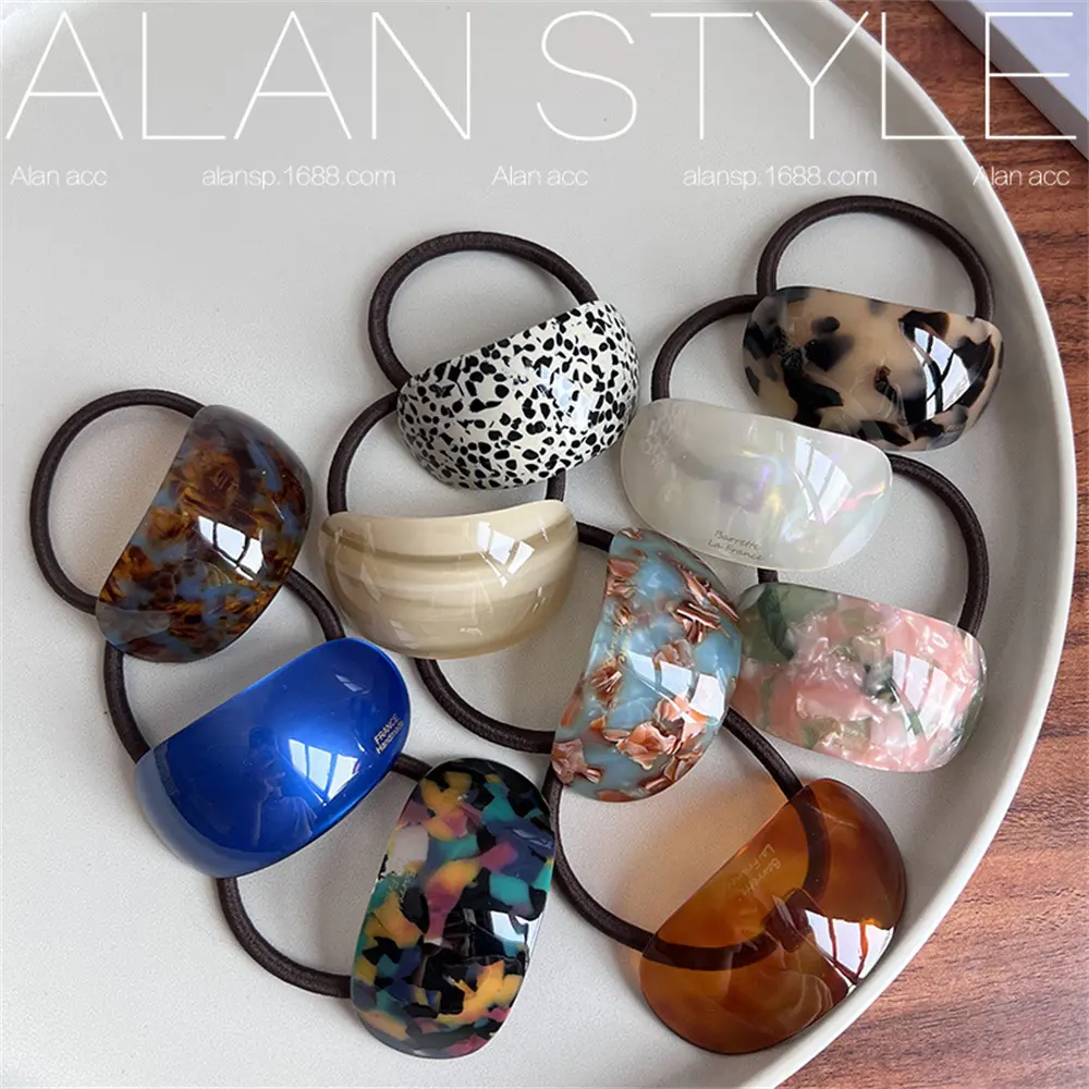 Fashion Multi-color Printed Acetate Hair Rope Simple Geometric Oval Hairband for Women Girls High Ponytail Bun Hair Ring Gifts