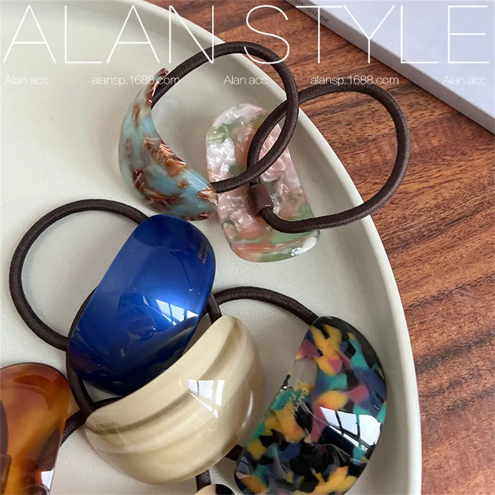 Fashion Multi-color Printed Acetate Hair Rope Simple Geometric Oval Hairband for Women Girls High Ponytail Bun Hair Ring Gifts