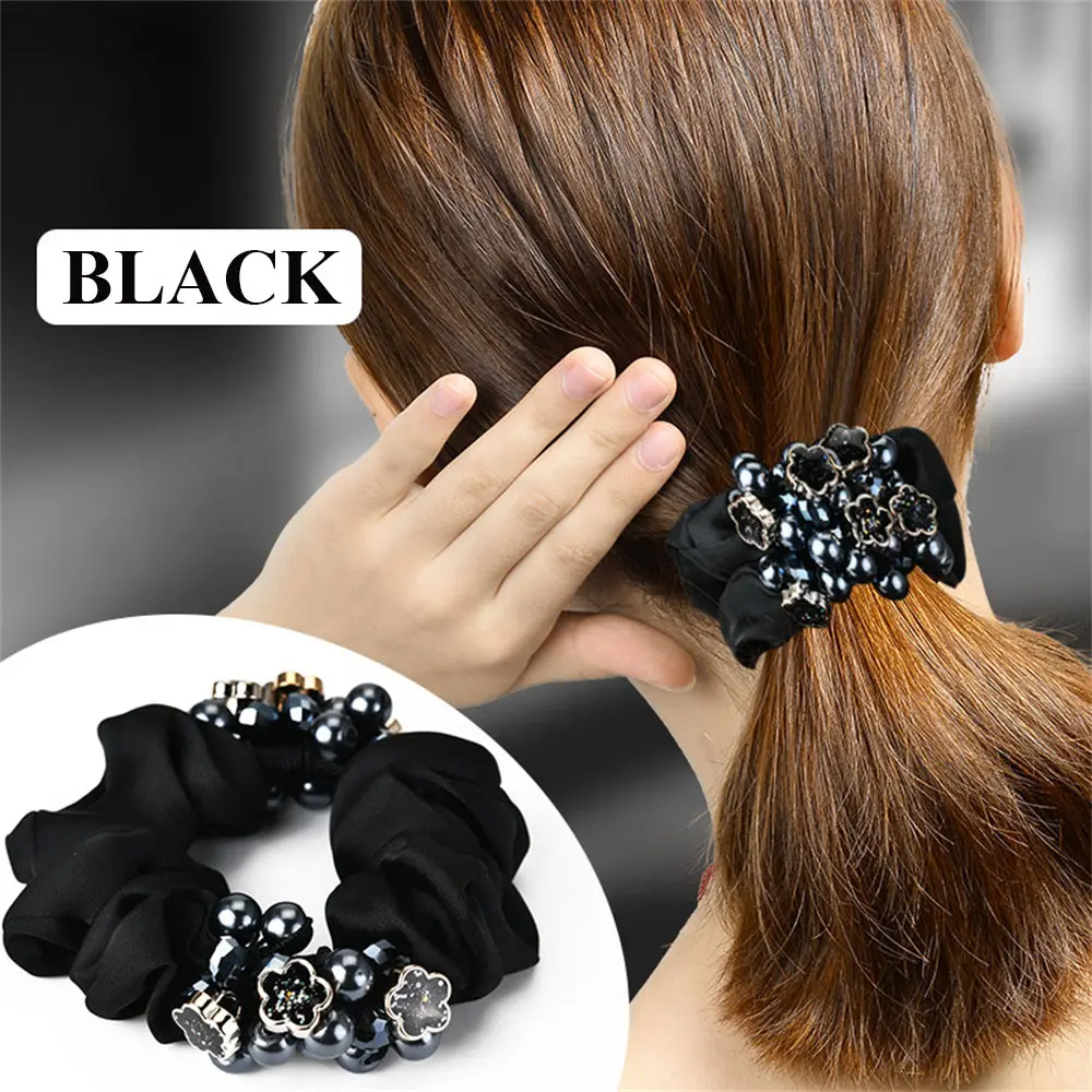 Fashion Pearl Crystal Hair Rope Solid Color Silk Flower Hair Scrunchies Women Girls Ponytail Bun Hairband Headwear Accessories