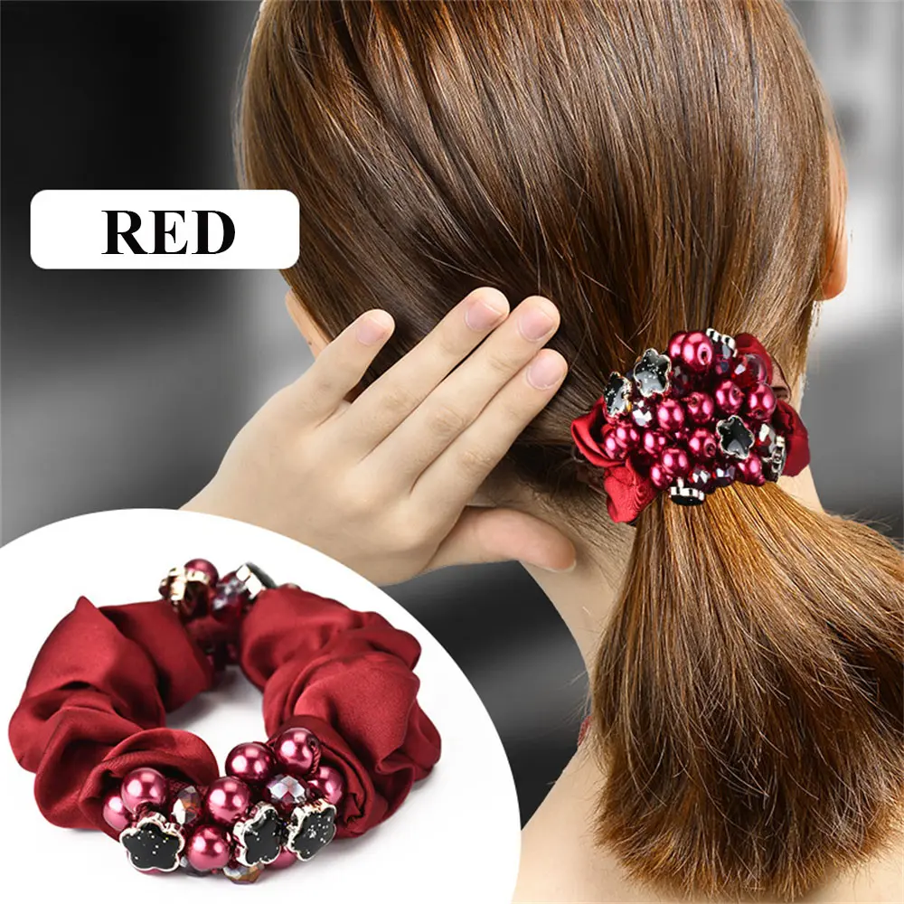 Fashion Pearl Crystal Hair Rope Solid Color Silk Flower Hair Scrunchies Women Girls Ponytail Bun Hairband Headwear Accessories