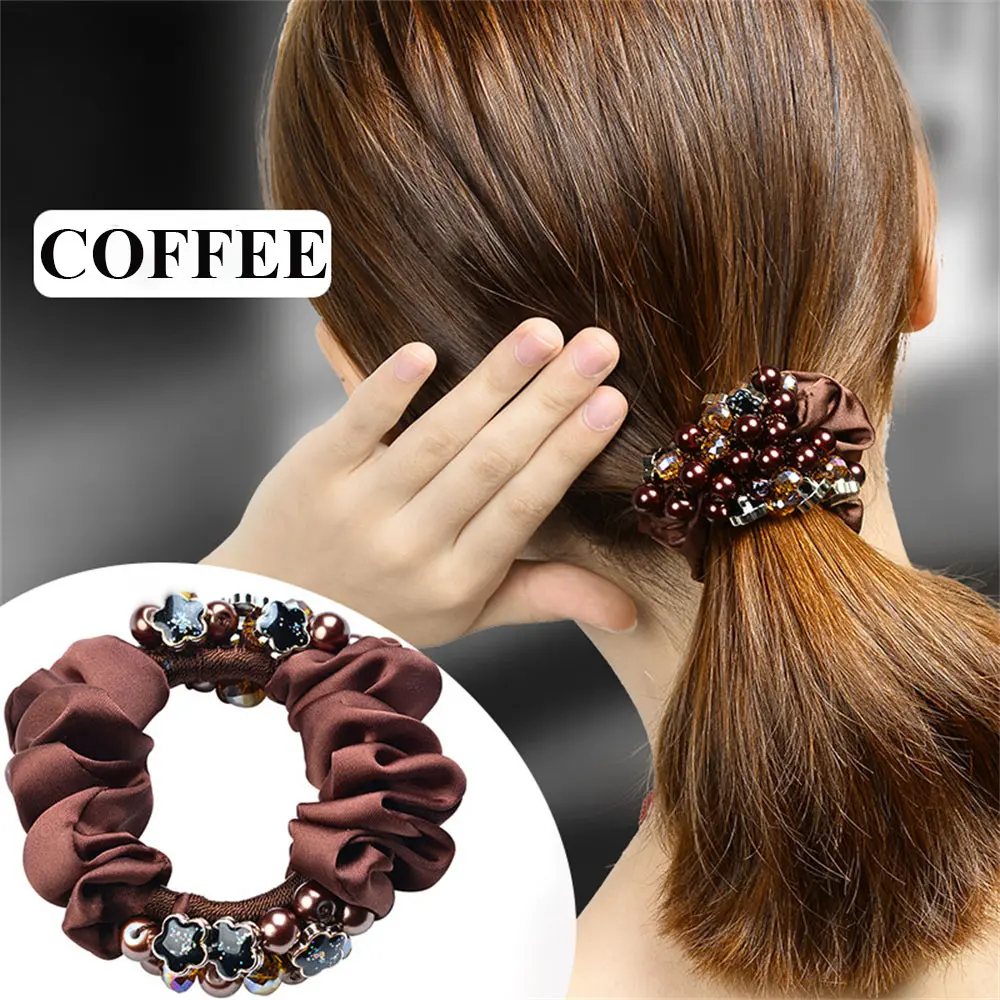 Fashion Pearl Crystal Hair Rope Solid Color Silk Flower Hair Scrunchies Women Girls Ponytail Bun Hairband Headwear Accessories