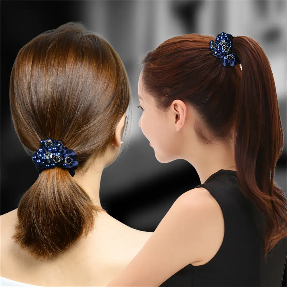 Fashion Pearl Crystal Hair Rope Solid Color Silk Flower Hair Scrunchies Women Girls Ponytail Bun Hairband Headwear Accessories