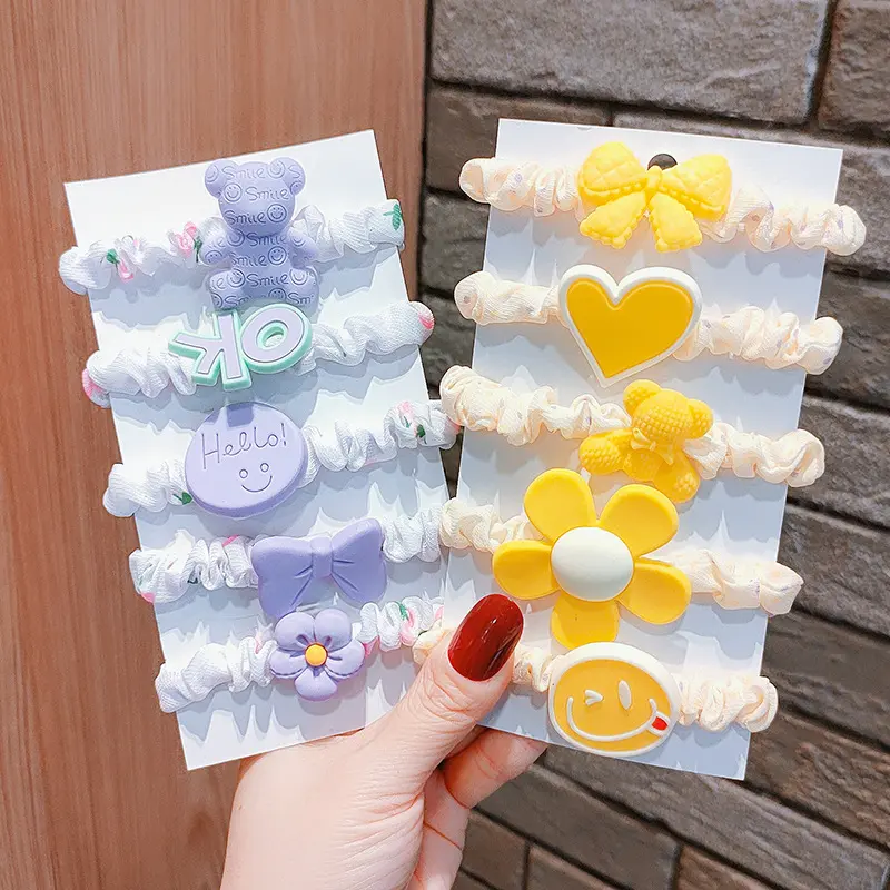 5pcs Child Cartoon Rubber Band Hairband Baby Love Heart Flower Bear Hair Rope Girls High Ponytail Elastic Headdress Accessories