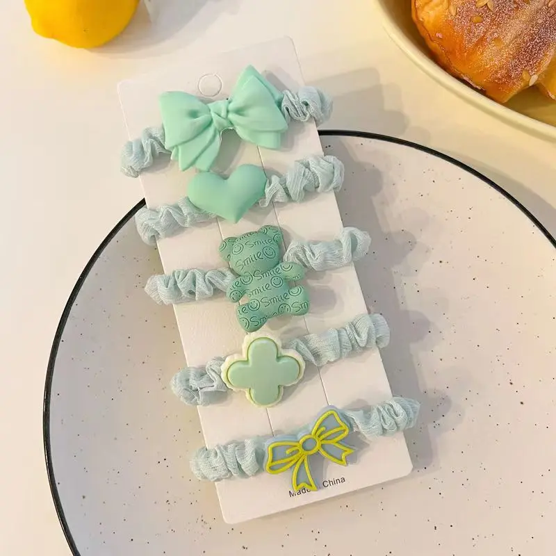 5pcs Child Cartoon Rubber Band Hairband Baby Love Heart Flower Bear Hair Rope Girls High Ponytail Elastic Headdress Accessories