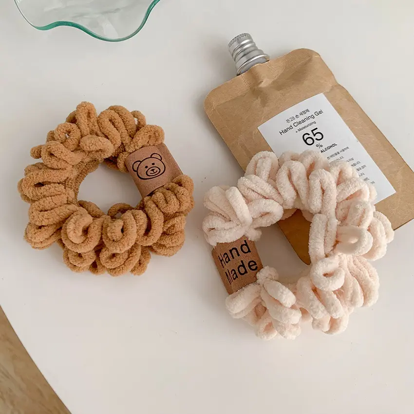 Autumn Winter Solid Color Plush Scrunchies Cartoon Smiling Face Bear Hairband for Women Girls High Elastic Ponytail Hair Rope