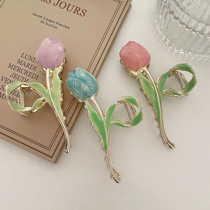 Fashion Metal Flower Hair Claw Elegant Multicolor Tulip Hairclip for Women Girls Makeup Washing Face Ponytail Bun Hairpins Gifts