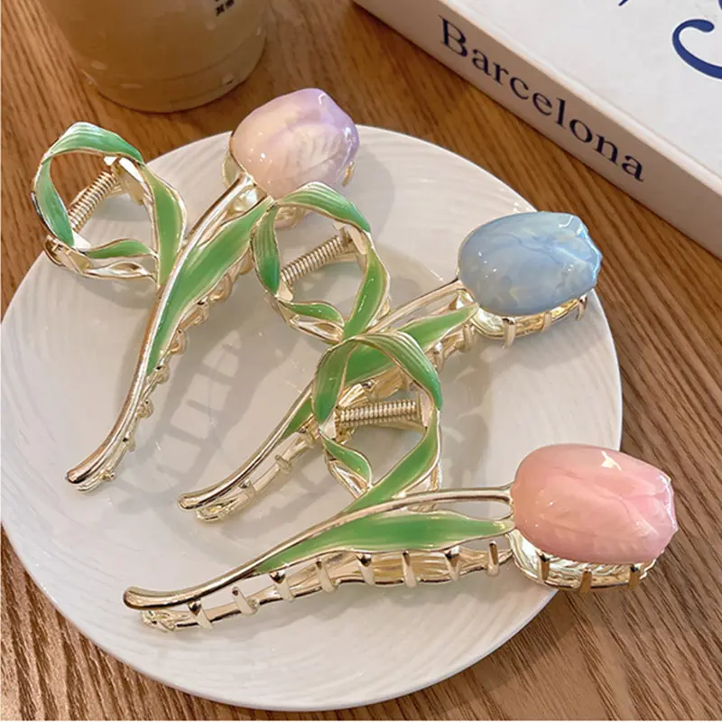 Fashion Metal Flower Hair Claw Elegant Multicolor Tulip Hairclip for Women Girls Makeup Washing Face Ponytail Bun Hairpins Gifts