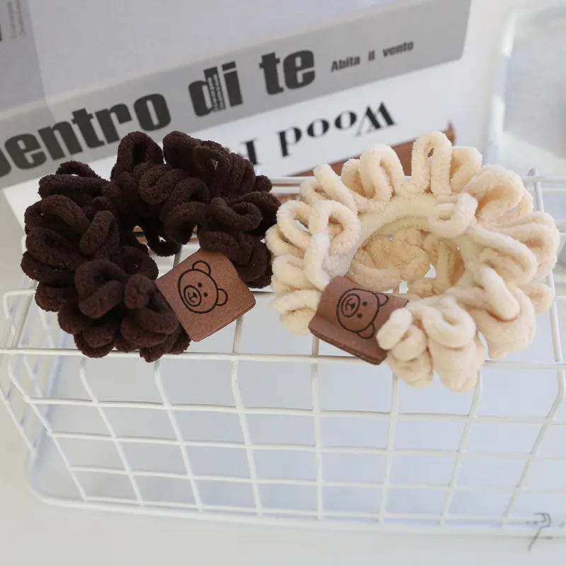 Autumn Winter Solid Color Plush Scrunchies Cartoon Smiling Face Bear Hairband for Women Girls High Elastic Ponytail Hair Rope