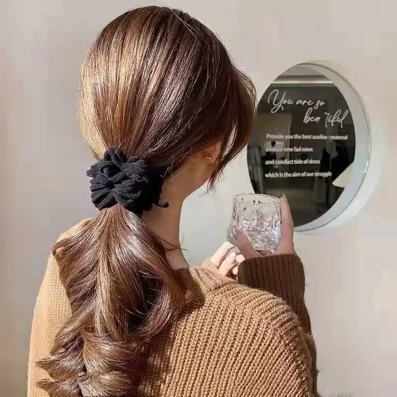 Autumn Winter Solid Color Plush Scrunchies Cartoon Smiling Face Bear Hairband for Women Girls High Elastic Ponytail Hair Rope