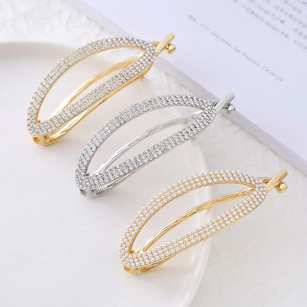 Fashion Luxury Imitation Pearl Rhinestone Hair Clip Geometric Oval Metal Hairpin Women Girls Makeup Bath Bangs Ponytail Hairgrip