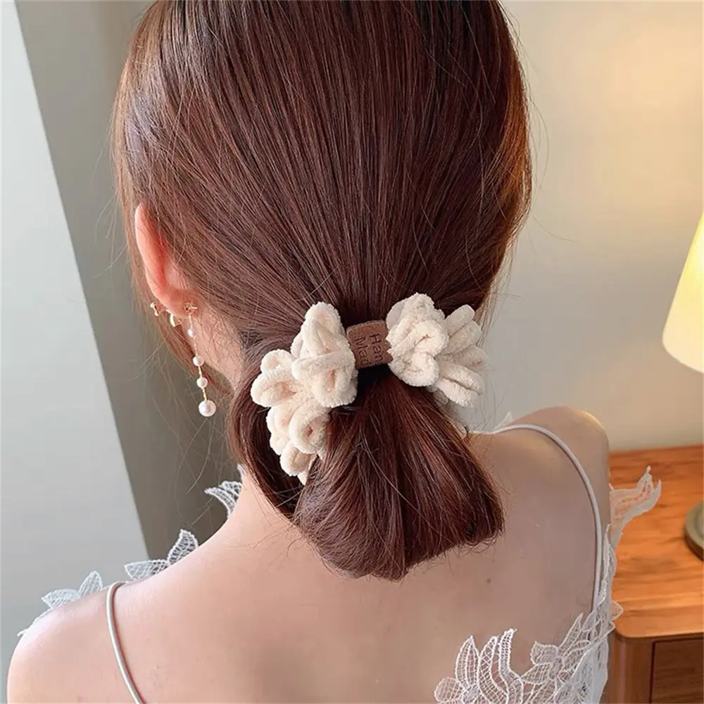 Autumn Winter Solid Color Plush Scrunchies Cartoon Smiling Face Bear Hairband for Women Girls High Elastic Ponytail Hair Rope